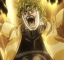 Dio Brando with spiky blonde hair laughing maniacally with his mouth wide open.