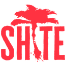 Text reading SHTE in a bold red font with a palm tree silhouette on top against a black background.