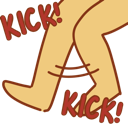 A pair of cartoon legs in motion with the word KICK written twice in red text.