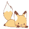 A small chibi fox lying on its stomach and rhythmically wiggling its tail.