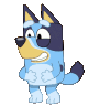 Bluey the cartoon dog laughing while holding its stomach in an animated loop.