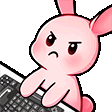 A cute pink rabbit with an angry expression furiously typing on a black computer keyboard.