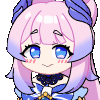 Anime girl with pink hair and blue eyes blushing and smiling in an animated loop.