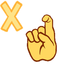 Hand performing a finger wag gesture next to a yellow X symbol.