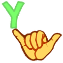 A yellow hand making the shaka sign with a green letter Y floating above the index finger.