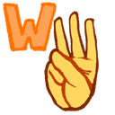 A stylized hand making a gesture next to a large orange letter W.