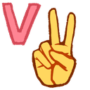 A yellow hand making a peace sign next to a pink letter V.