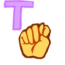 A purple letter T next to a yellow clenched fist.