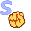 A cartoon clenched fist next to a large, stylized blue letter S.