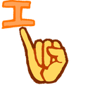 A cartoon hand holding up a pinky finger next to an orange character symbol.