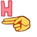 A stylized yellow hand pointing to the right next to a pink letter H.