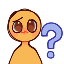 A cute yellow character with large brown eyes and a blush looks confused next to a large blue question mark.