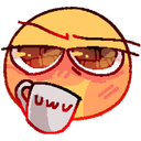 Yellow emoji wearing sunglasses and blushing while sipping from a mug labeled uwu.