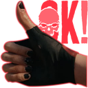 Hand wearing a black fingerless glove giving a thumbs up gesture against a bright red background.