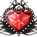 A faceted red heart gemstone surrounded by dark, intricate gothic metalwork.