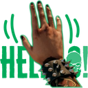 Hand wearing a spiked leather wristband held up in a stop gesture against a green background.