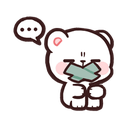 A small white bear with pink cheeks has a piece of gray tape over its mouth and a speech bubble with three dots above its ...