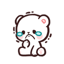 A small white bear cub sitting down with a sad expression and blue tears streaming from its eyes.