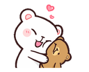 A white bear happily kissing a brown bear with pink hearts floating above them.