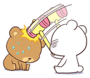 A white cartoon bear hits a brown cartoon bear on the head with a large colorful object.