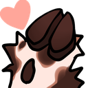A stylized cow head with a pink heart floating above it, looking happy and affectionate.