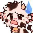 A cartoon cow with black and white spots looking nervous with a large blue sweat drop on its head.