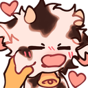 A cute cow character with brown spots having its cheeks pinched by a hand while surrounded by floating pink hearts.