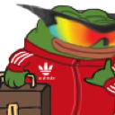Pepe the Frog wearing a red tracksuit and rainbow sunglasses while carrying a brown briefcase.