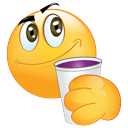 A yellow smiley face with a mischievous expression holding a white cup filled with a purple liquid.
