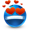 Blue circular face with large red heart-shaped eyes and a wide, happy grin.
