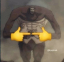 A muscular titan figure with a blank face making the shy fingers gesture with two large yellow emoji hands.