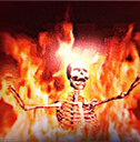 A skeleton stands with arms wide open while engulfed in bright orange and red flames.