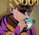 Giorno Giovanna with blonde hair and purple clothes intently sipping from a blue and white tea cup.