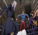 Three anime characters from JoJo's Bizarre Adventure are shown in a dynamic pose, aggressively stomping on an unseen target.