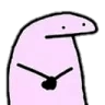 A simple pink stick figure character with a blank face and crossed arms looking to the right.