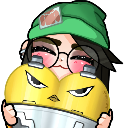 Anime girl with a green beanie and glasses hugging two round yellow creatures with angry expressions.