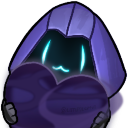 A hooded figure with glowing eyes and a simple mouth holding a large purple heart.