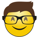 A yellow smiley face with a wide grin wearing thick black-rimmed glasses and having brown hair.