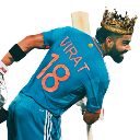Cricket player in a blue jersey wearing a golden crown on his head.