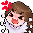 Anime girl with brown hair shouting with a red background and white floating circles.
