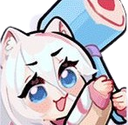 An anime-style cat girl with white hair and blue eyes playfully holding a large blue hammer.