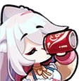 Anime girl with white hair drinking from a red soda can with a relaxed expression.