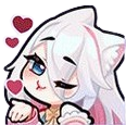 An anime-style girl with white hair and cat ears winks with one eye while surrounded by floating red hearts.