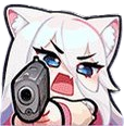 Anime cat girl with white hair and cat ears pointing a handgun directly at the viewer with an angry expression.