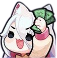 Anime girl with white hair grinning and holding up a stack of green cash.