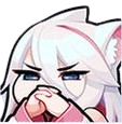 Anime girl with white hair and cat ears looking suspicious with hands clasped together.