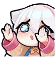 Anime character with white hair reaching up with both hands and a pleading expression.