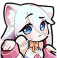 Anime girl with white hair and cat ears looking confused with wide blue eyes.