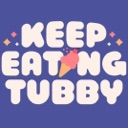 Text reading KEEP EATING TUBBY in white bubble letters with a small pink ice cream cone on a purple background.