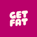 The words Get Fat in a bold white font pulse against a shifting, colorful circular background.